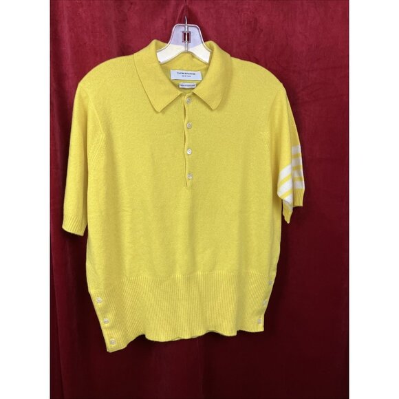 Sz 4 M Thom Browne Made In Scotland Cashmere Polo Shirt Pale Pink Stripe Sleeve - Picture 1 of 5